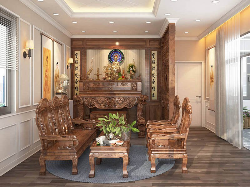 Mẫu bố trí bàn thờ trong phòng khách có vách ngăn