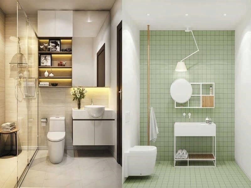 Nhà vệ sinh có sử dụng thêm kệ, gắn trực tiếp vào tương để tiết kiệm diện tích