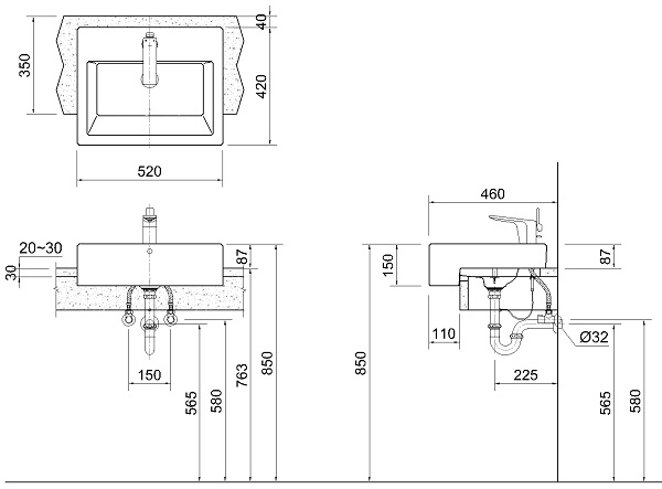 Chiều cao lavabo đặt bàn rơi vào khoảng 700 - 850mm