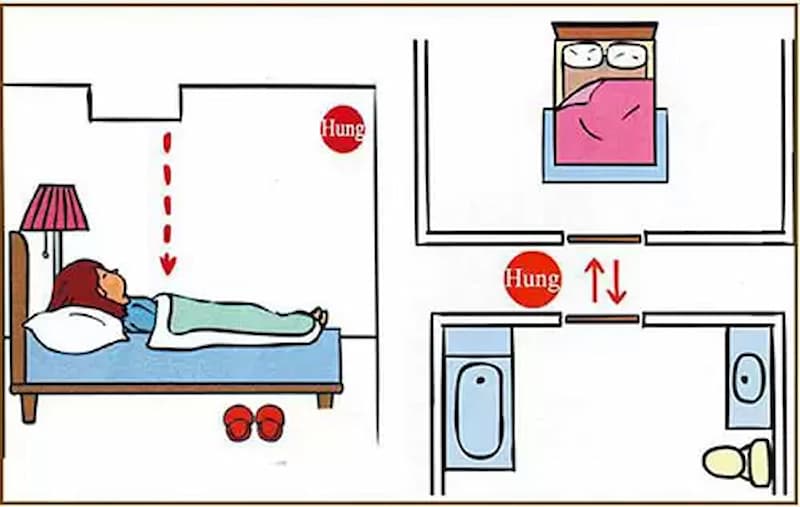 Không kê đầu giường quay vào nhà vệ sinh