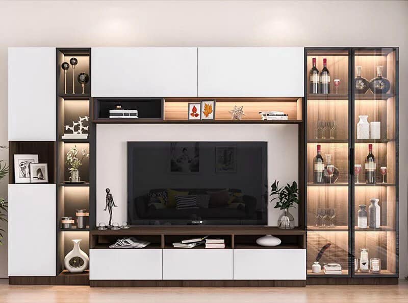 Mẫu tủ gỗ công nghiệp kết hợp với đèn led giúp không gian thêm sang trọng