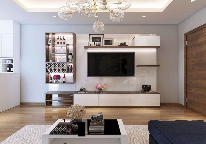 Kiểu treo tường là một trong những mẫu tủ rượu đẹp phòng khách được nhiều gia đình lựa chọn