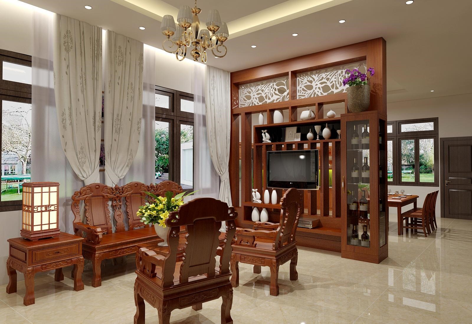 Vách ngăn phòng khách làm từ gỗ tự nhiên tạo cảm giác ấm cúng