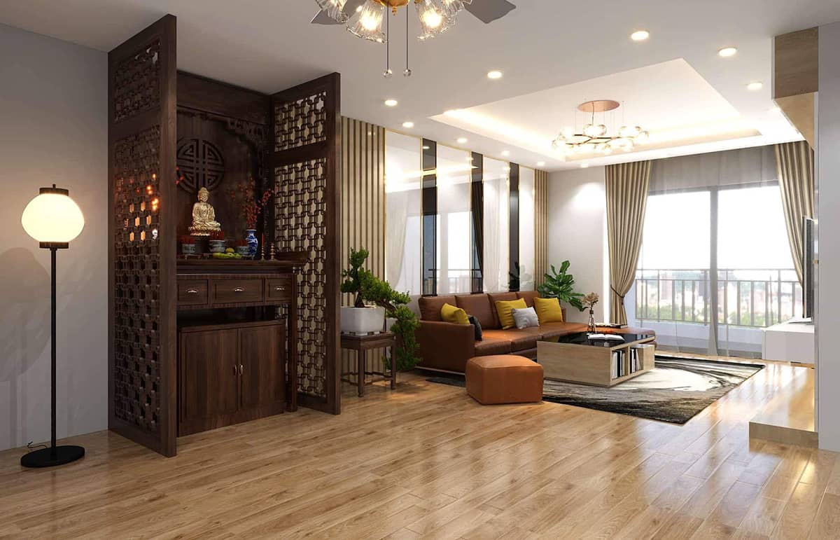 Vách ngăn phòng khách và phòng thờ bằng gỗ tạo cảm giác ấm cúng