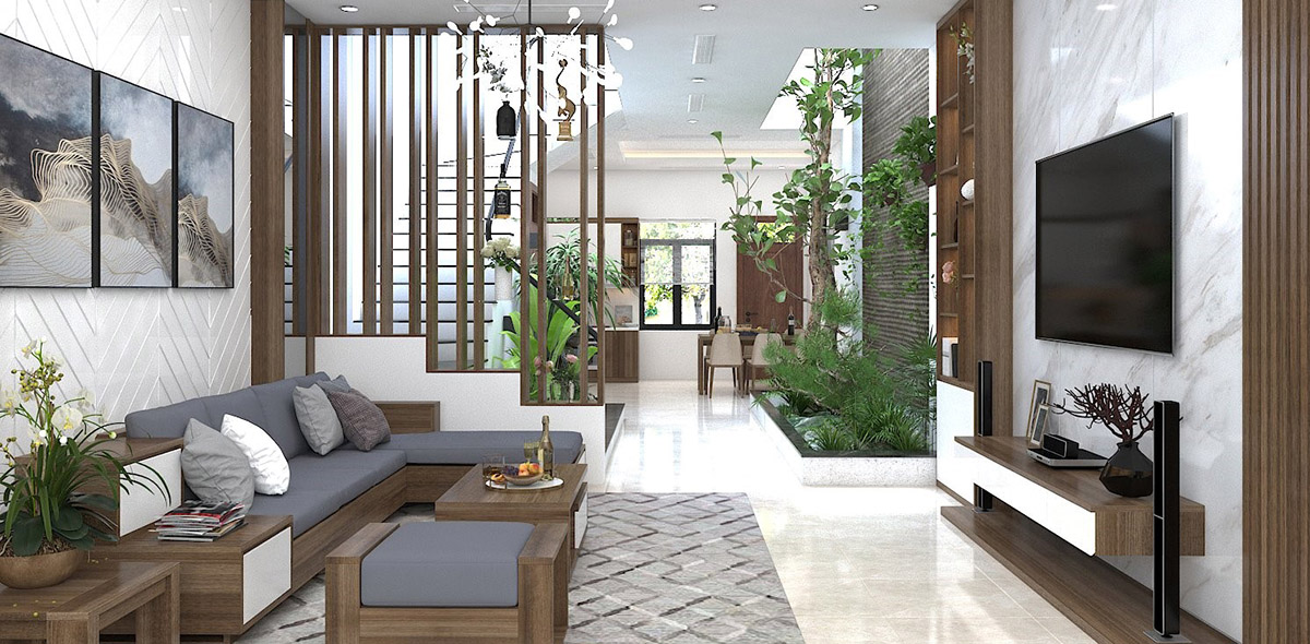 Vách ngăn cầu thang với phòng khách dạng thanh đứng