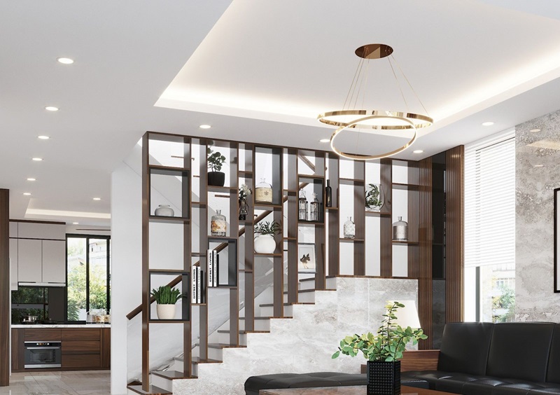Vách ngăn giữa cầu thang và phòng khách đơn giản