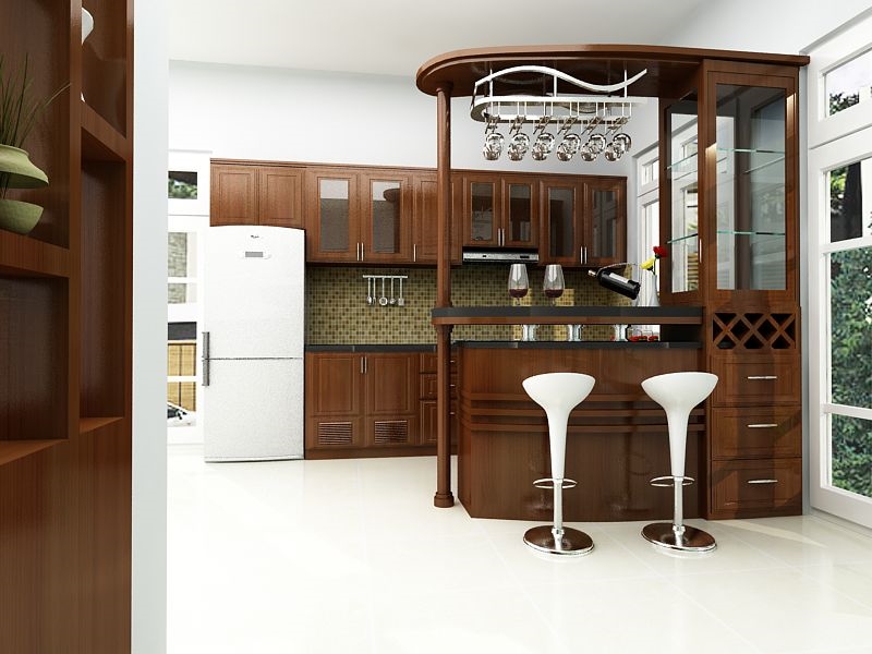 Một mẫu tủ bếp gỗ được thiết kế quầy bar vừa đẹp mắt vừa tiện nghi