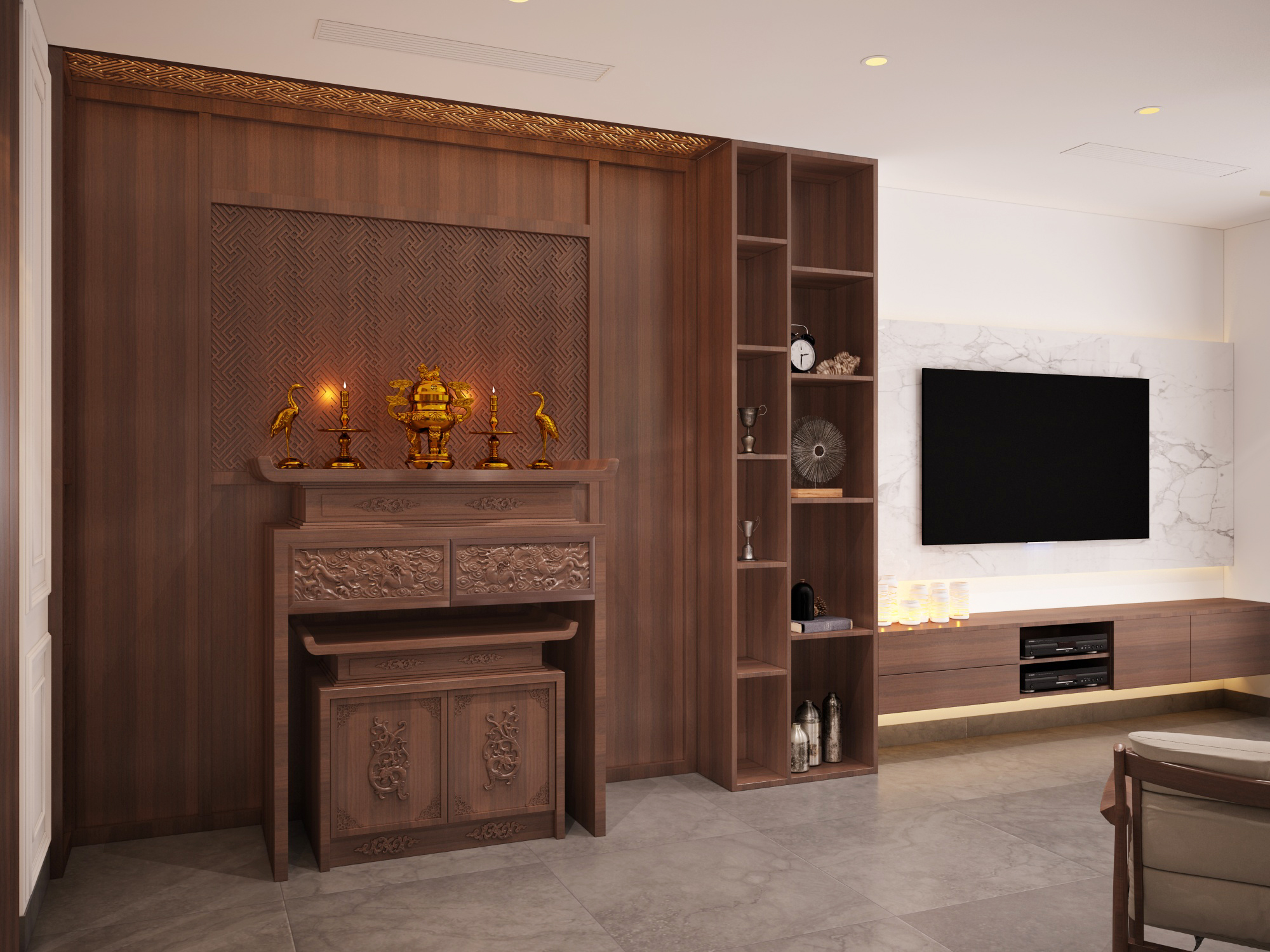 Gia chủ nên đặt bàn thờ dựa vào tường vững chãi để thể hiện lòng thành kính