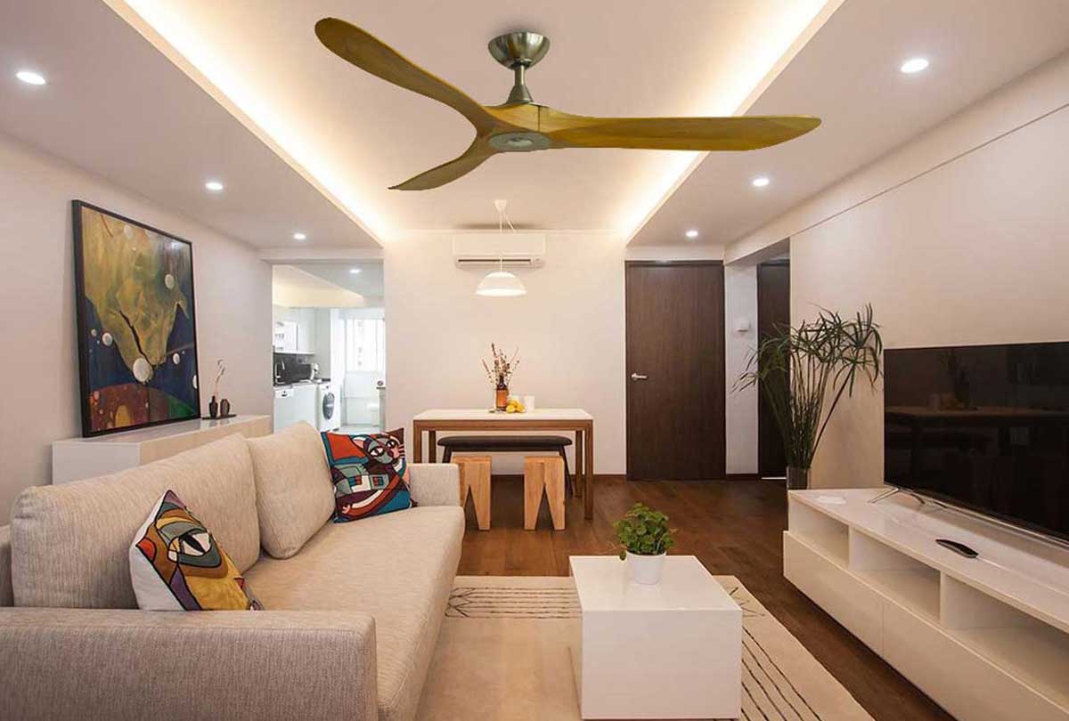 Quạt trần trang trí phòng khách tối giản giúp không gian căn phòng thêm tinh tế