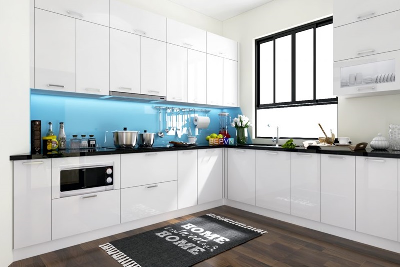 Màu xanh ngọc ấn tượng tạo cho căn bếp thêm phần độc đáo