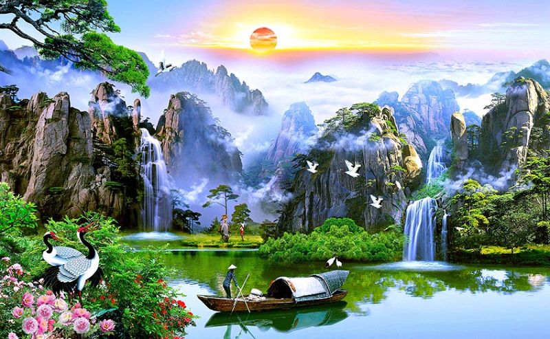 Tranh Sơn thủy hữu tình mang thể hiện khát vọng về cuộc sống viên mãn, cầu mong mưa thuận gió hòa