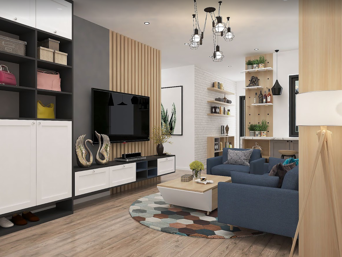 Mẫu tủ kệ trang trí phòng khách bằng gỗ công nghiệp