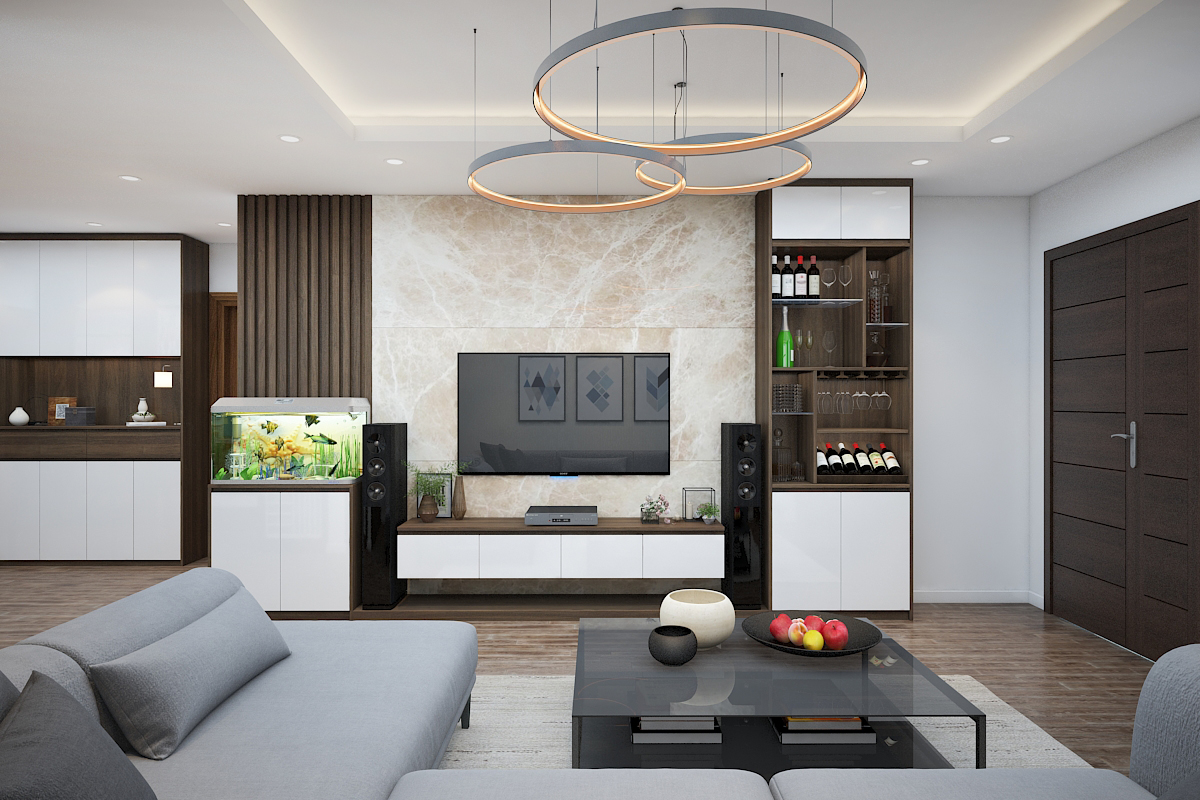 Mẫu tủ kệ tivi trang trí phòng khách làm từ gỗ công nghiệp